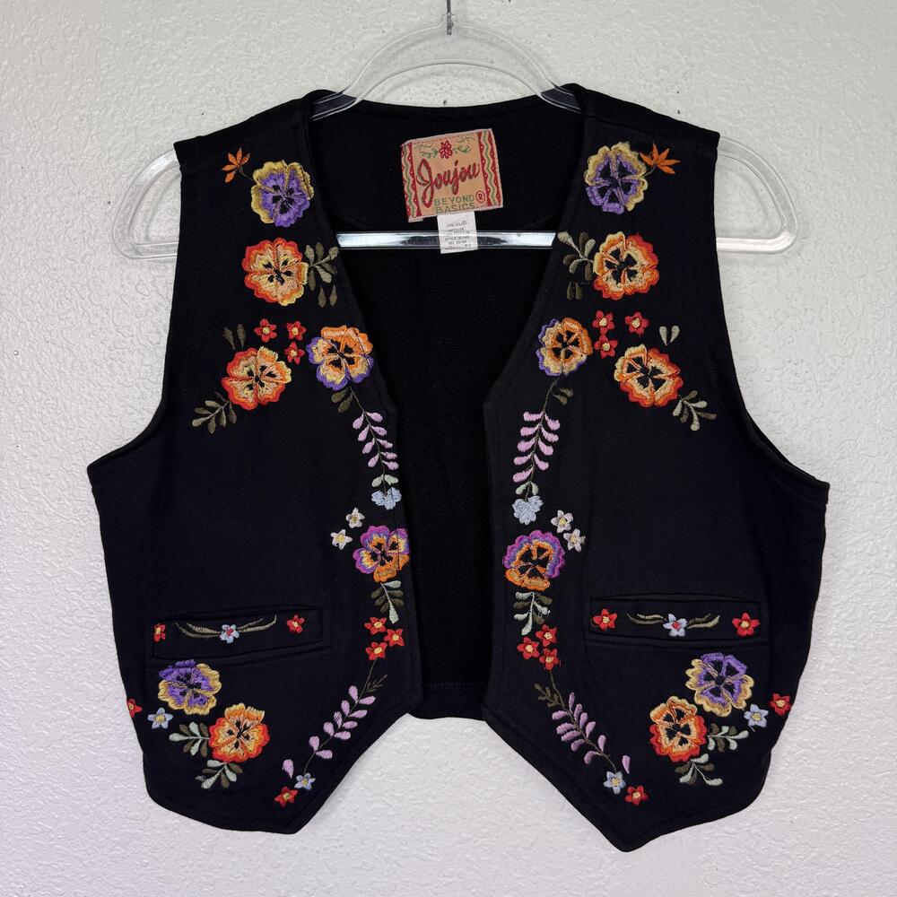 Vintage Joujou Vest Top Womens Medium Embroidered Floral Boho Western Cotton 90s